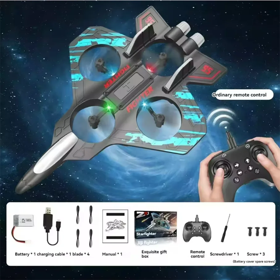 2.4G Remote-Controlled Foam Fighter Plane with Stunt Flips, Hover Capabilities, and Colored Lights.