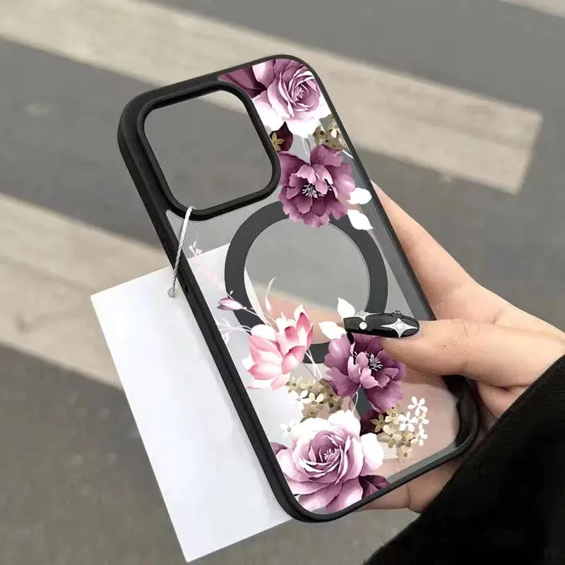 For iPhone 17 16 15 14 12 11 Pro XS Max Air 16e 17e Purple Floral MagSafe Clear Shockproof Magnetic Wireless Charge Phone Case
