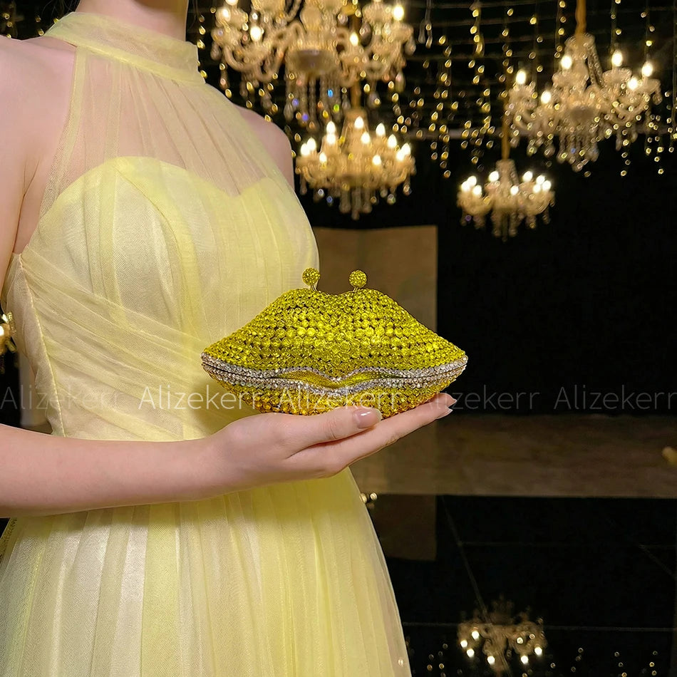 Alizekerr Lips Shaped Diamond Evening Bags Women Gorgeous Boutique Unique Rhinestone Metallic Purses And Handbags Wedding Party