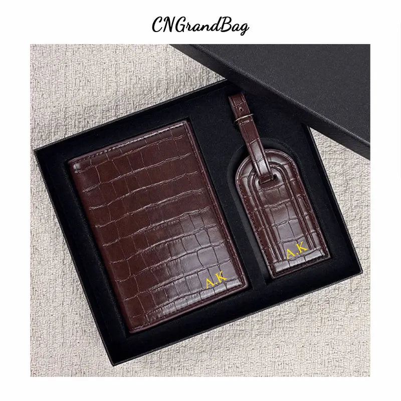 Free Custom Name Initial Gift Box Set Passport Holder Crocodile Leather Luggage Tag Passport Cover Travel Accessories