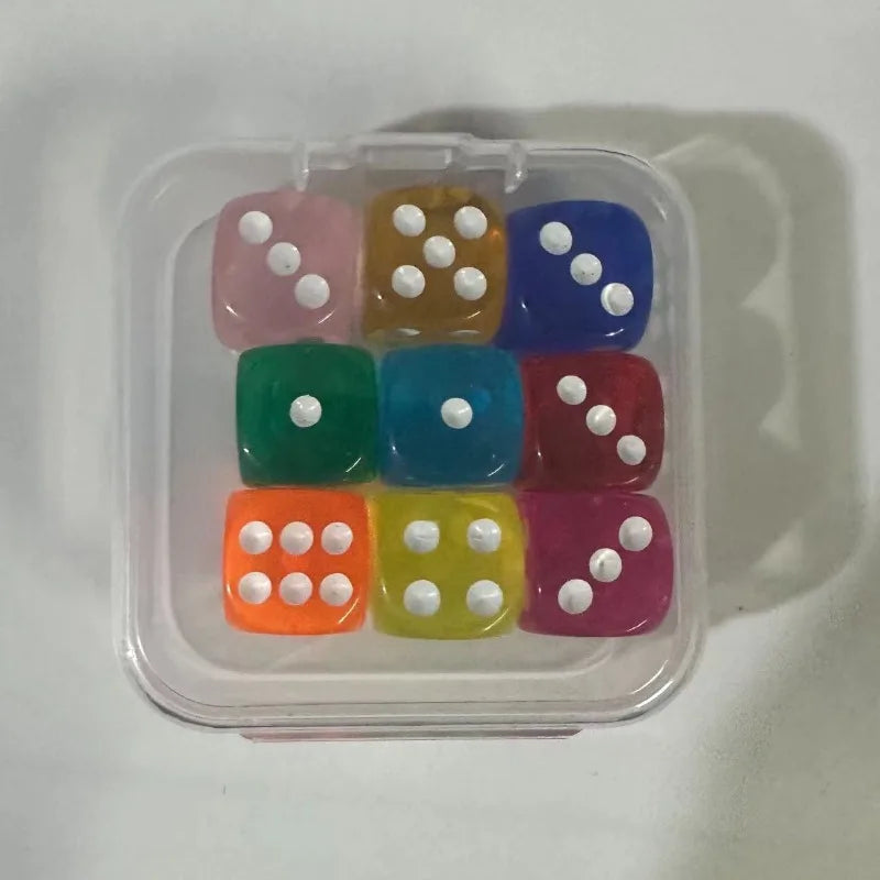 9 Pieces Transparent Color Dice with Box 6 Sided Dice for Board Games 14mm 16mm Bulk for Math Learning Dice for Classroom
