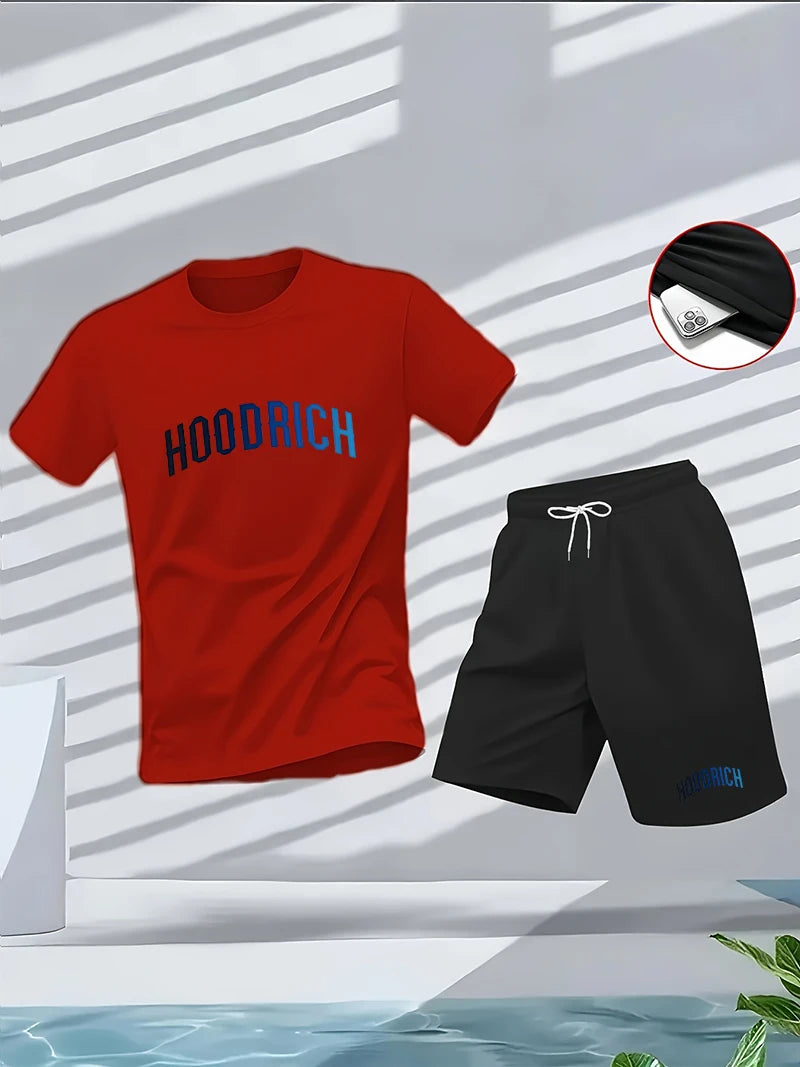 Men's summer fitness sportswear set_ Round-neck short-sleeved T-shirt, five-inch shorts, slimming, fashionable, casual fitness
