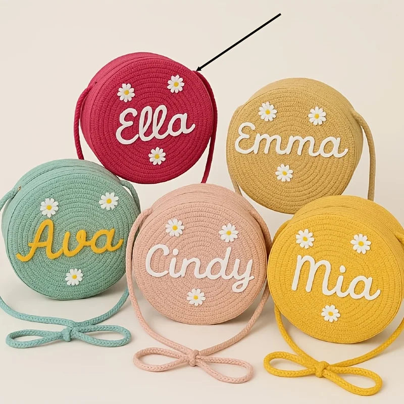 Personalized Name Daisy Straw Crossbody Bag Women Round Woven Shoulder Bag Summer Beach Handbag Gift