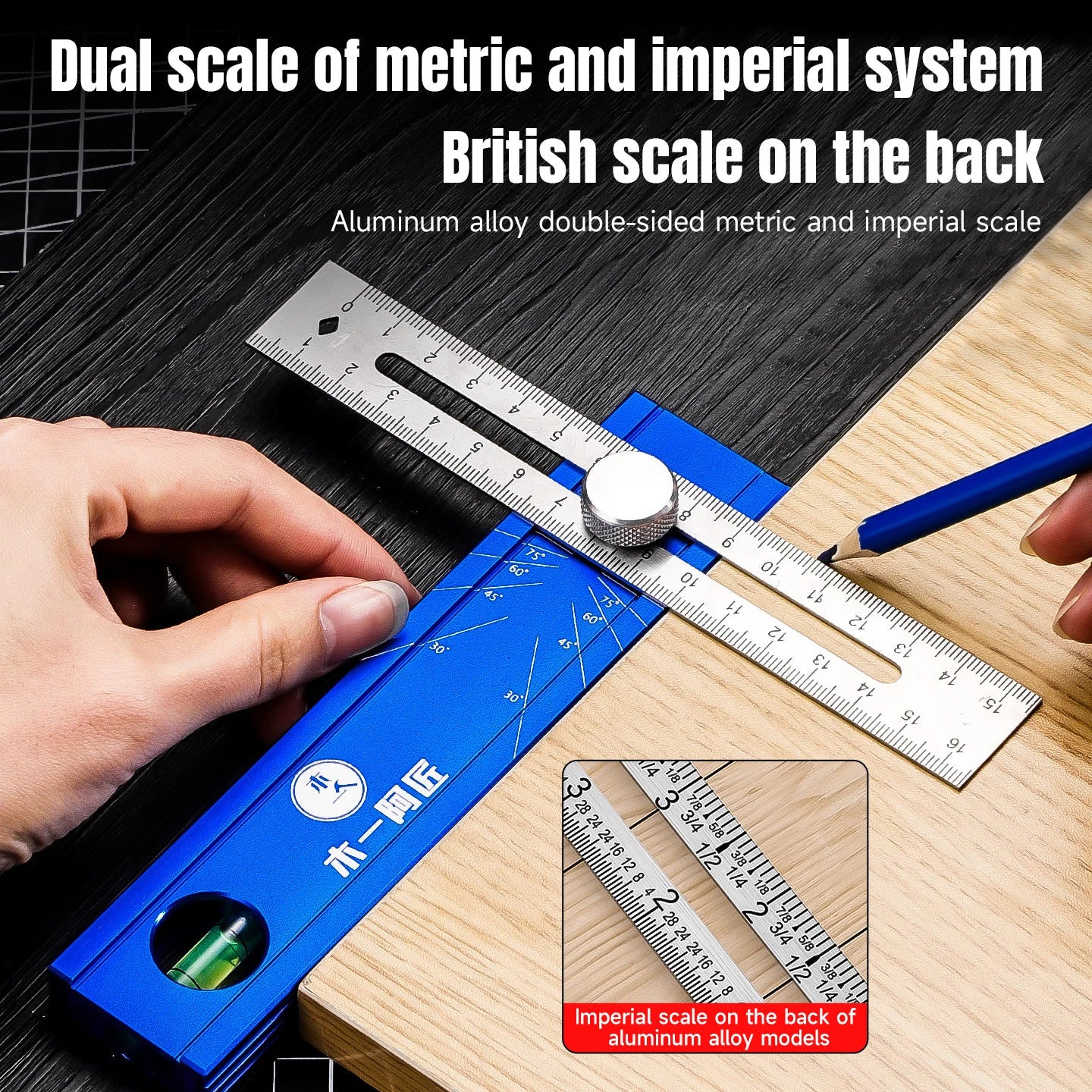 Aluminum Alloy Multiple Angled Positioning Ruler Featuring Rotating Knob High Precise Bubble Level and Limit Marker