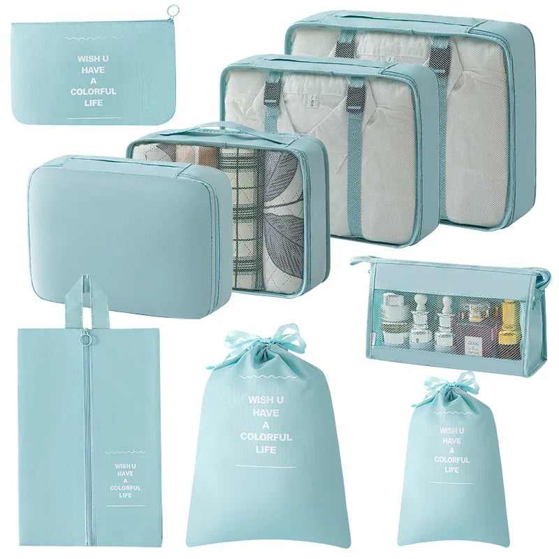 9 Pcs Set Travel Organizer Storage Bags Suitcase Packing Cubes Set Cases Portable Luggage Clothes Shoe Tidy Pouch Folding