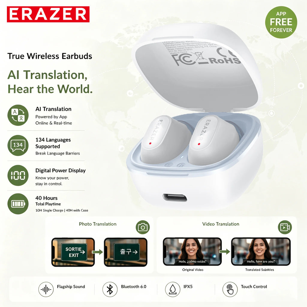 Erazer XF65 Wireless Headphones 135 Language AI translator Earbuds Soft Long Battery Low Latency Type-C Bluetooth Earphones