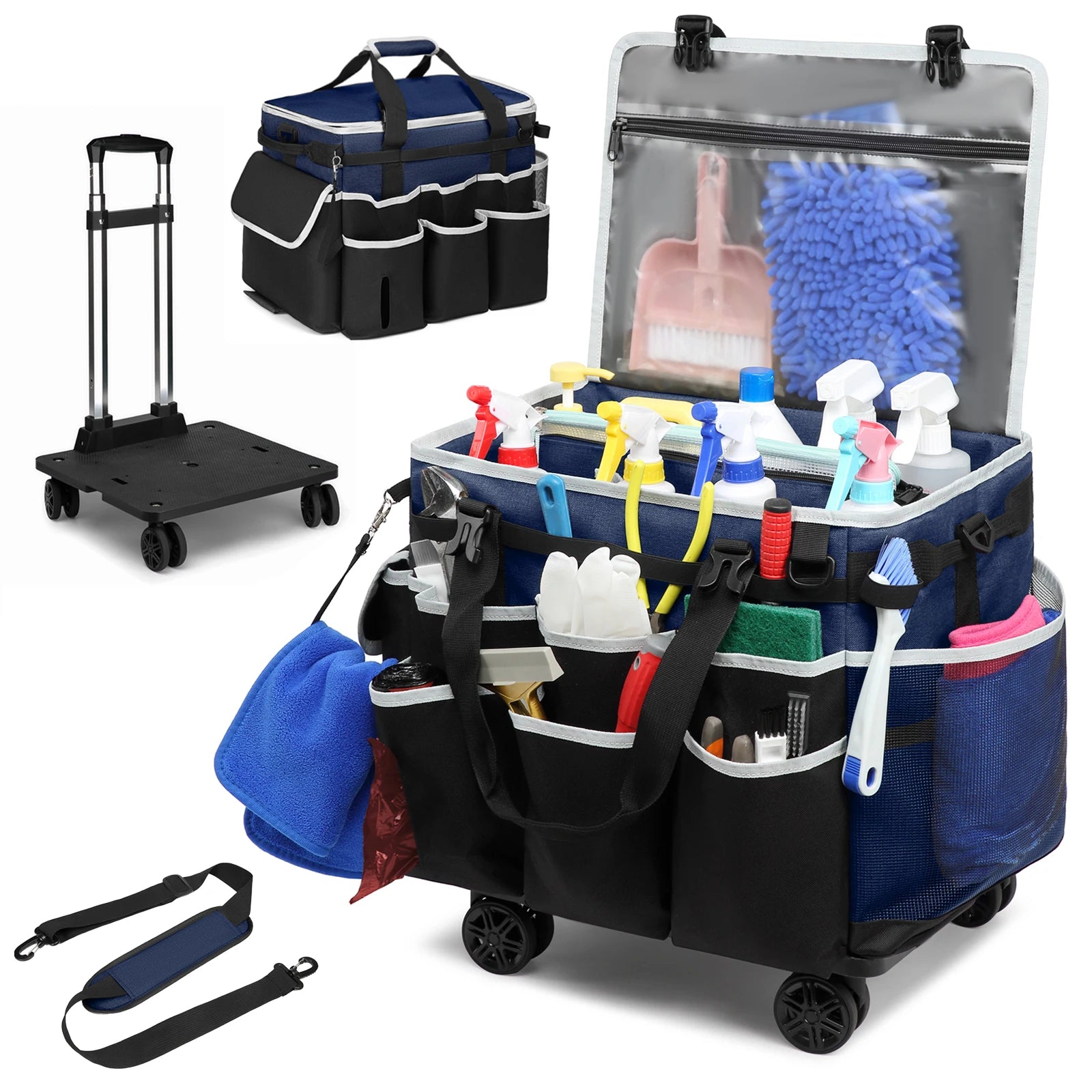 Rolling Cleaning Caddy Bag Tool Bag Cleaning Tools Storage Bag Professional Portable Large Cleaning Bag With Wheels Oxford Bags