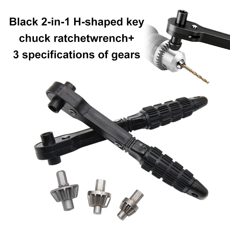 Black H-Shaped Drill Chuck Ratchet Key Wrench 2-in-1 Multi-Specification 1.5-16mm Hand Tool for Home Improvement