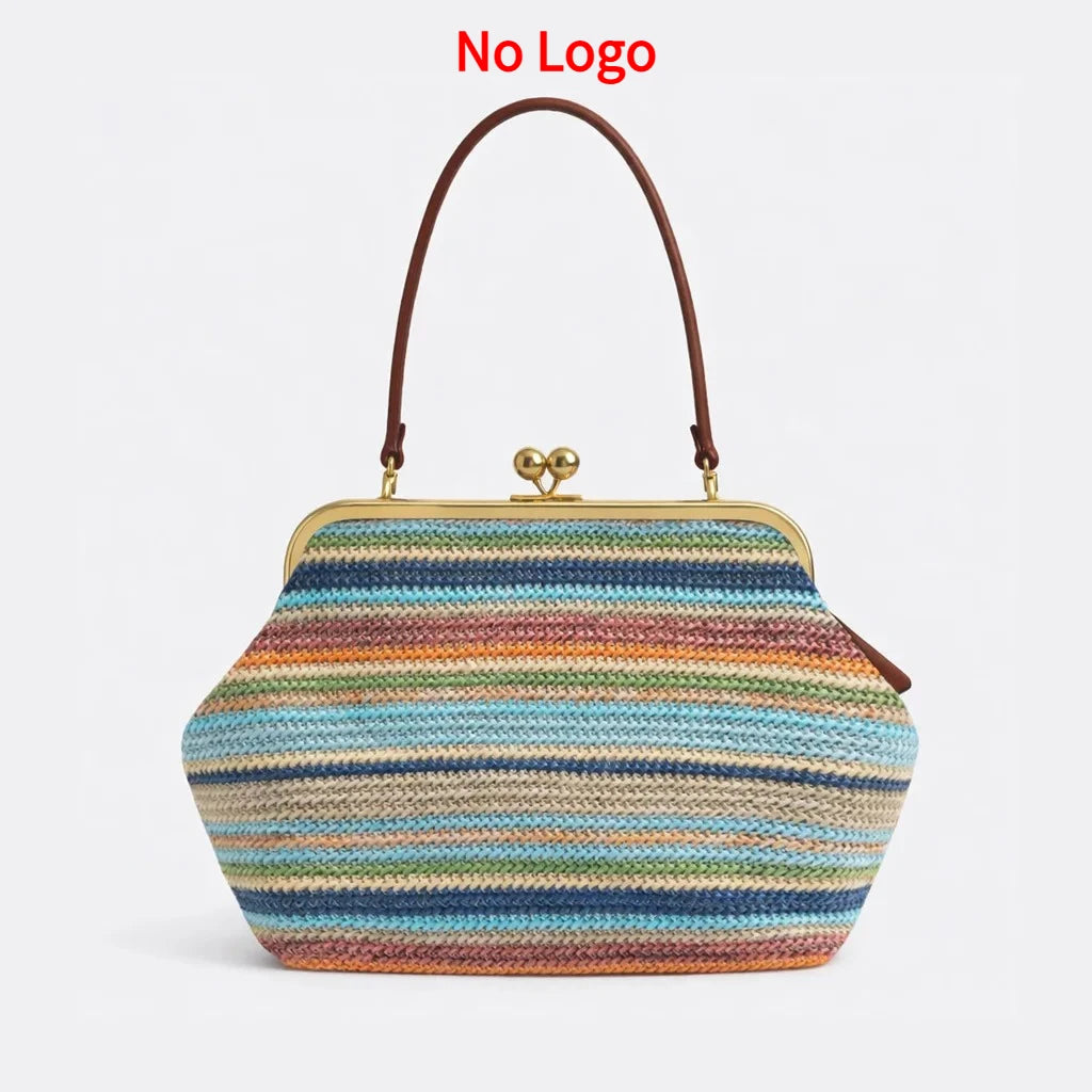 New Fashion Large Striped Clip Shell Clucth Bag for Women Designer PP Straw Handbags Luxury Summer Beach Woven Bags Vacation