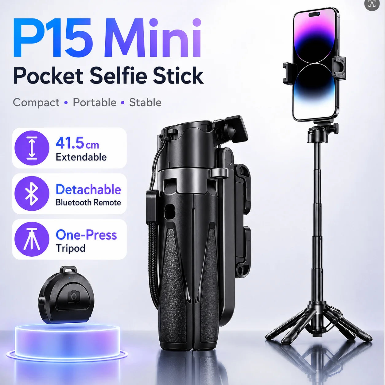 P15 Mini Bluetooth Selfie Stick Tripod Universal Phone Holder Portable Extendable Travel Handheld Stand for Live Vlog