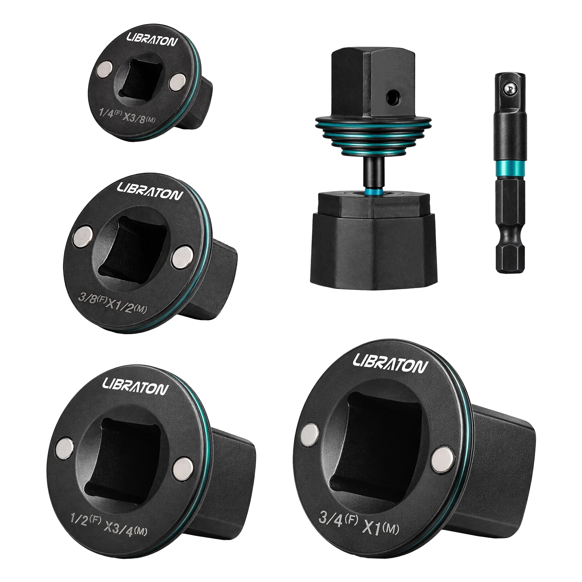 LIBRATON 5pcs Low-Profile Impact Socket Adapter Set 1/4 to 3/8, 3/8 to 1/2, 1/2 to 3/4, 3/4 to 1, 1/4 Hex Adapter Magnetic Drive