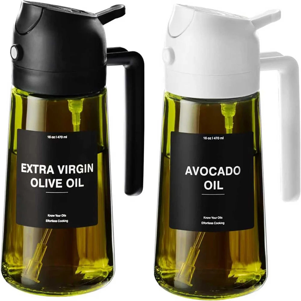 470 ML Oil Sprayer for Cooking, 2-in-1 Olive Oil Dispenser and Oil Bottle with Stickers, Thick Glass Spray Bottle