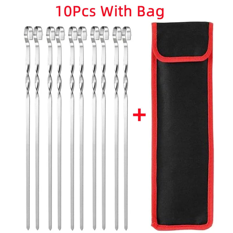 BBQ Sticks Stainless Steel Barbecue Skewer BBQ Tools Utensil Reusable Grill Sticks Outdoor Camping Picnic Flat BBQ Fork 6-12Pcs
