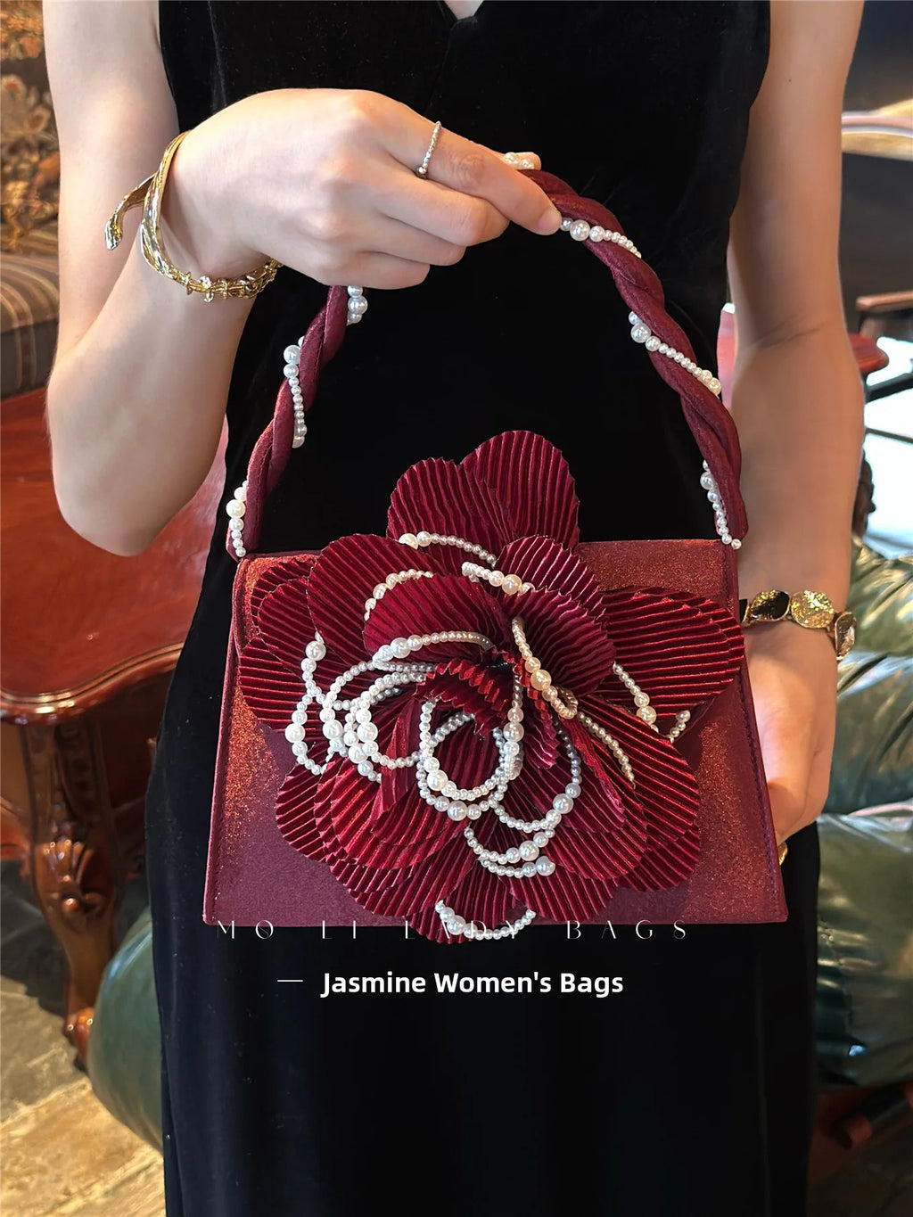 Retro Chinese Style Pearl Twist Flower Bag Rose 3D Pink Fairy Crossbody Women's Bag Handbag Casual Summer Fashion