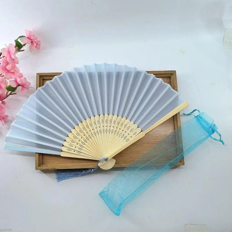 Chinese Style Folding Fan Wear Resist With Organza Bag Bamboo Hand Fan With Tassel Cooling Tool Silk Hand Fan Party Decoration