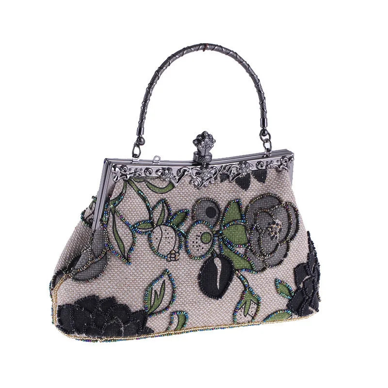 Boutique  Chinese Style Embroidery Floral Women Beaded Evening Purse Bridal Flower Clutch Bag Wedding Party Frame Handbag