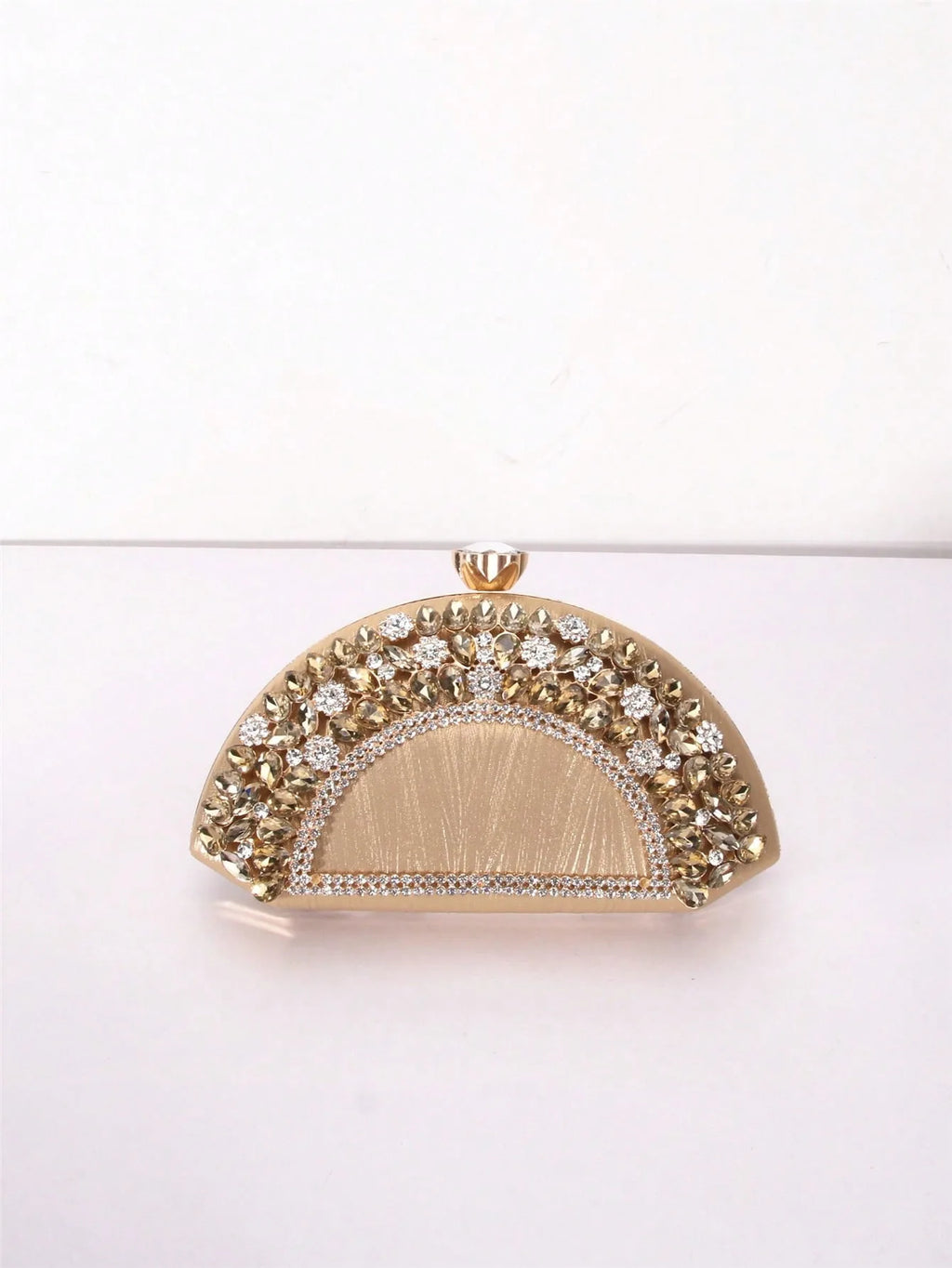 Luxury Collection Four Elegant Semi Circular Handbags in Black Pink Silver Sparkling with Golden Accents Colorful Gems