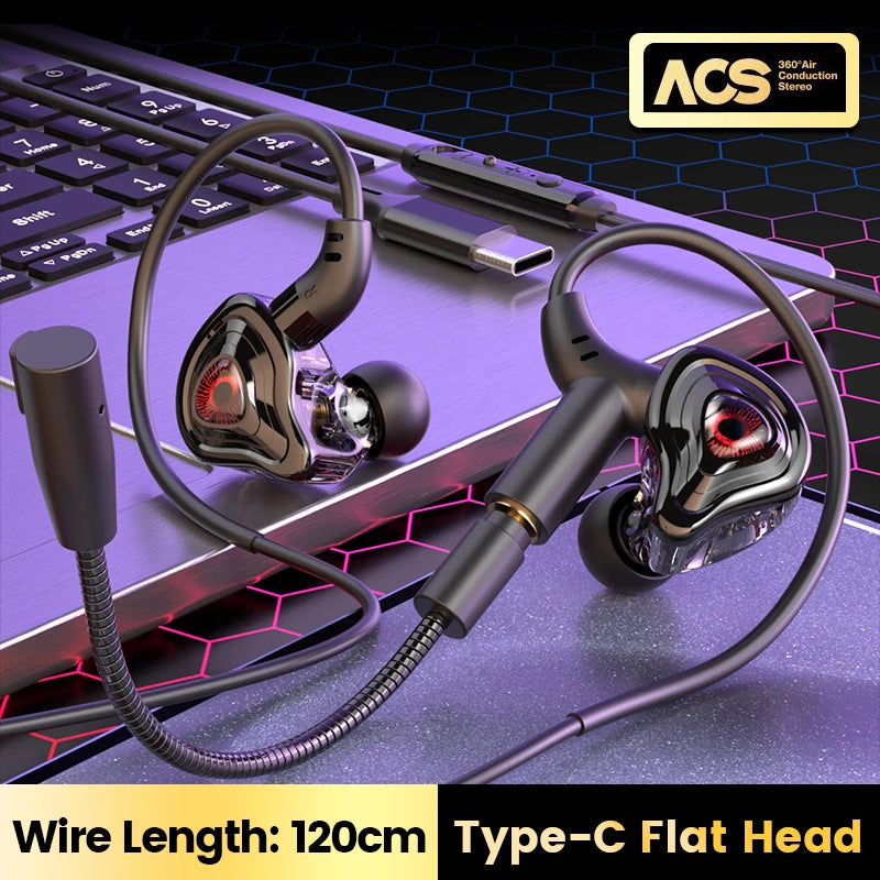 Type C/3.5mm Wired Earphones HiFi Stereo In Ear Headphones Noise Canceling Sport Gaming Headsets With Dual Microphones Earbuds