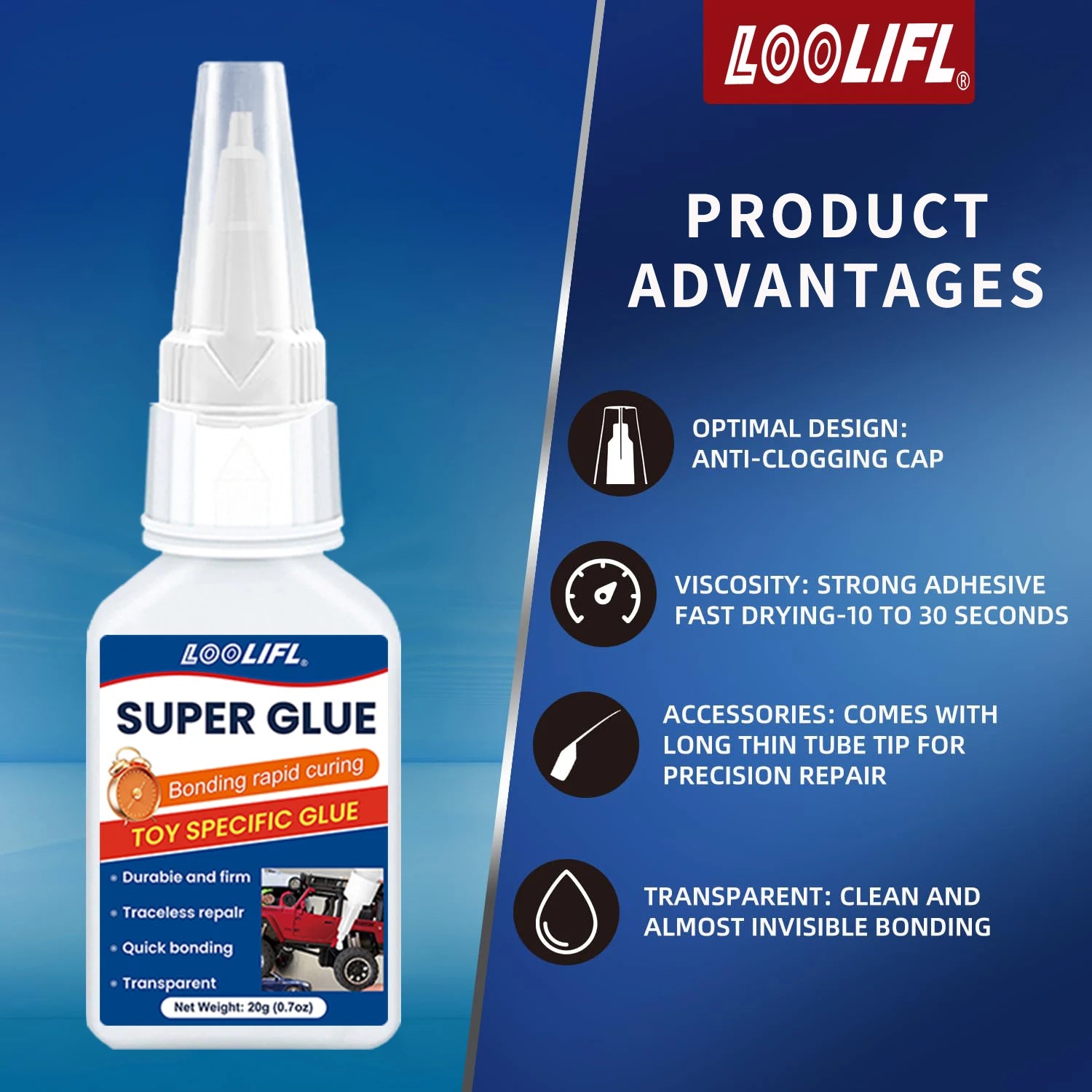 LOOLIFL 20g Cyanoacrylate Strong Adhesive - Fast Drying High Adhesive Plastic Toy - DIY Crafts for Miniature Model Restoration