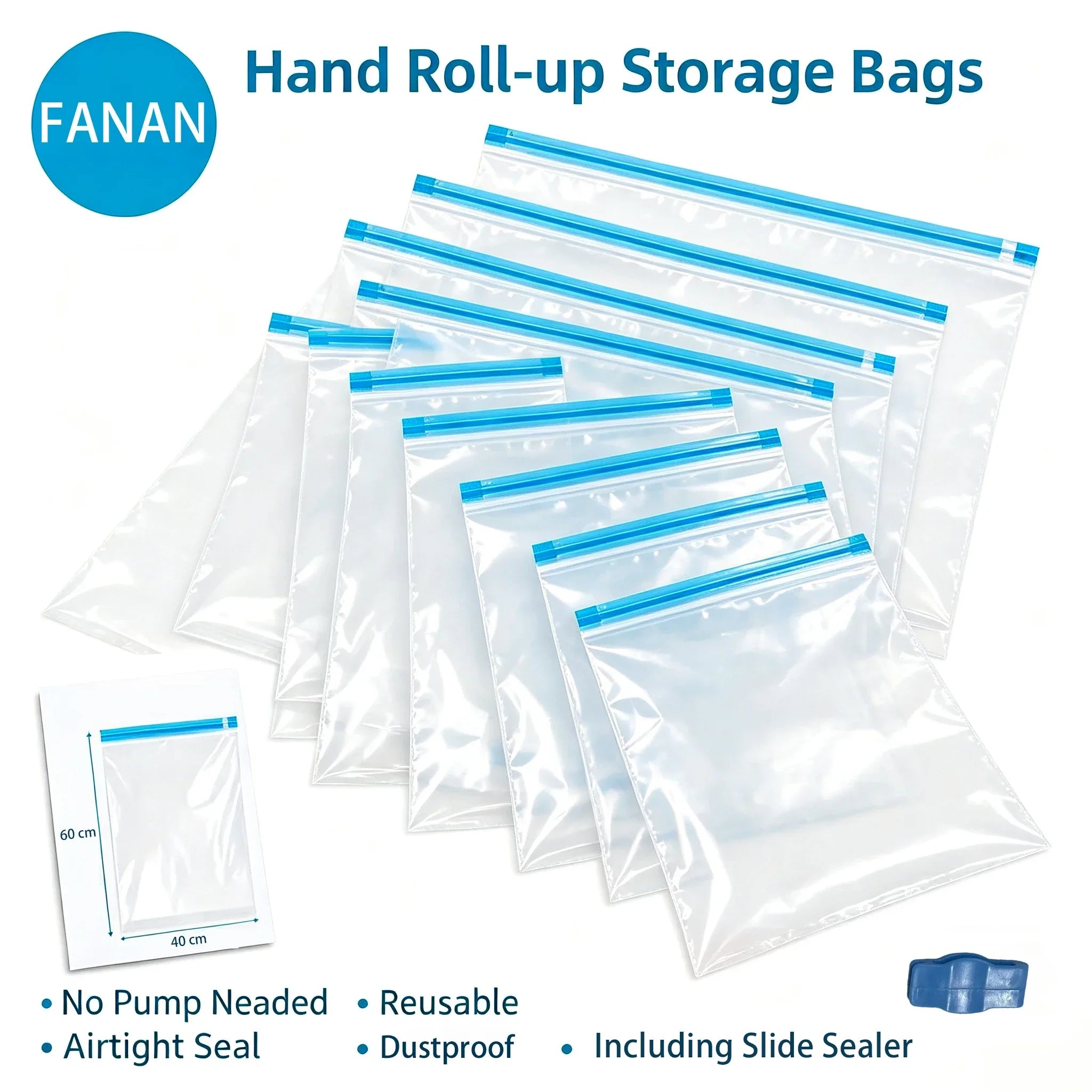 Vacuum Compression Storage Bags Travel Space Saver Hand Roll No Pump Reusable, Waterproof Double Zipper Clothes Organizer 3Sizes