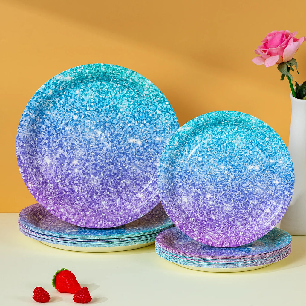 10/25/50pcs Disposable Galaxy Print Paper Plates Gradient Blue Purple Round Plates for Party Tableware
