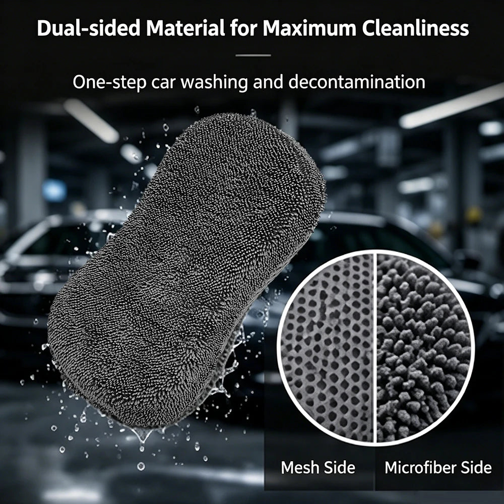 AUTOBRIGHT 8 shaped Car Wash Sponge Double Sided Chenille Microfiber Mesh Scratch-Free for Auto Car Detailing Cleaning tool Grey