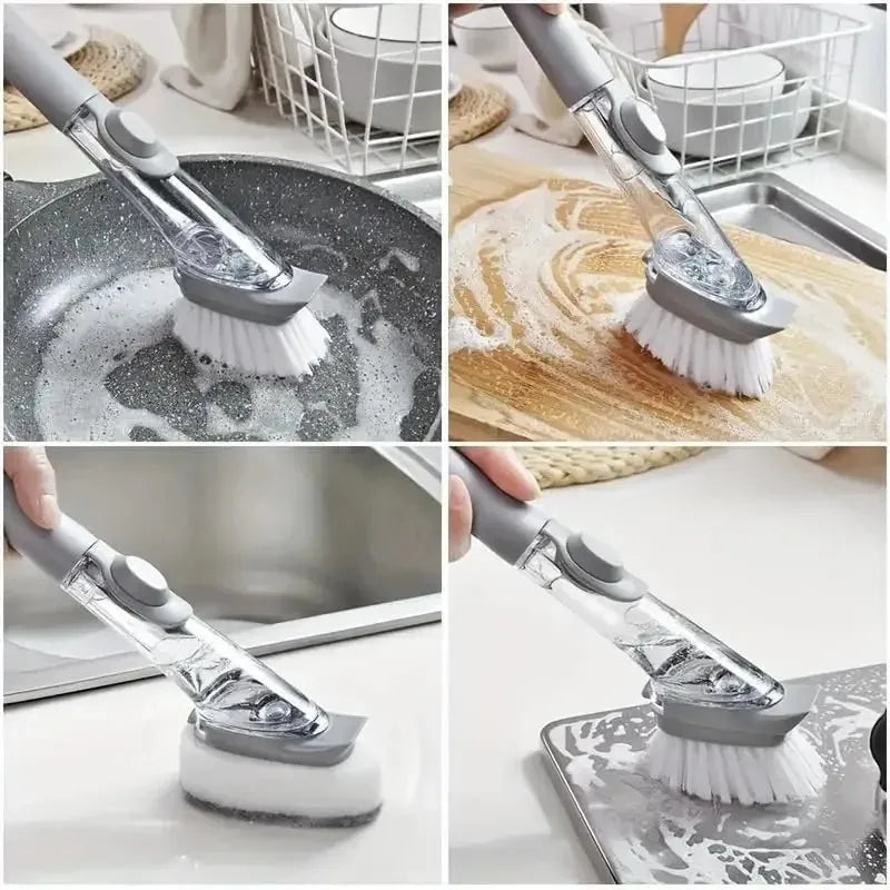 2 in 1 Refillable Kitchen Brush Long Handle Detachable Soap Dispenser Scrubber for Pots Dishes Sink Non Scratch Eco Friendly