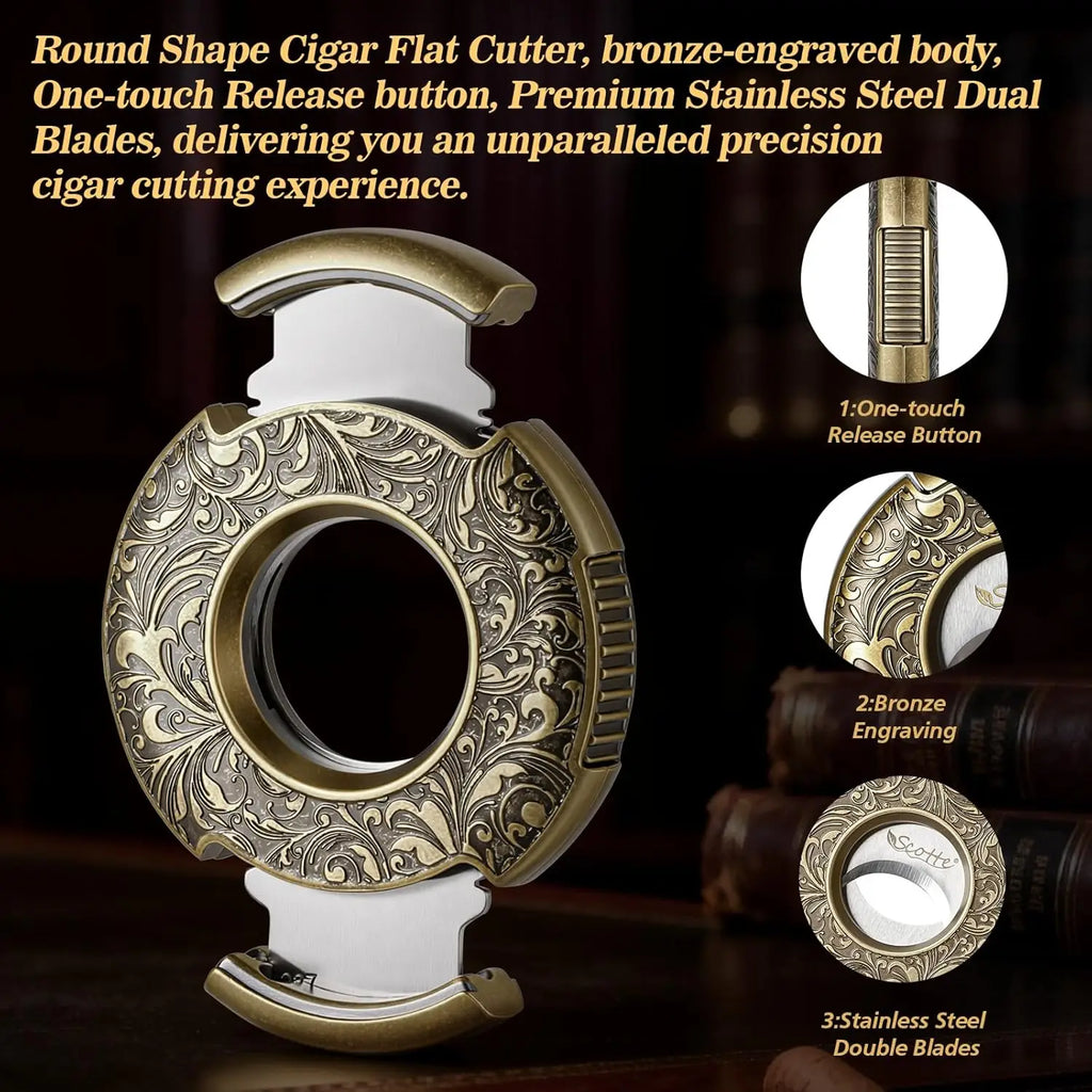 Cigar Cutter Guillotine Bronze Engraved Cigar Straight Cutter Round Shape Double Stainless Steel Blade Cigar Clipper