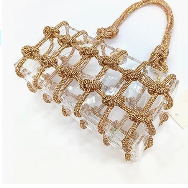 New Diamond Clear Acrylic Box Evening Clutch Bags Women Boutique Woven Knotted Rope Rhinestone Purses And Handbags Wedding Party