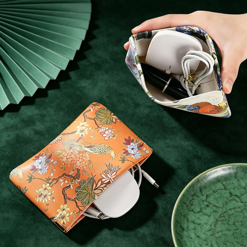 Chinese Floral Print Waterproof Auto-close Pouch, Multi-functional Portable Organizer for Cable Lipstick Coin Cosmetics