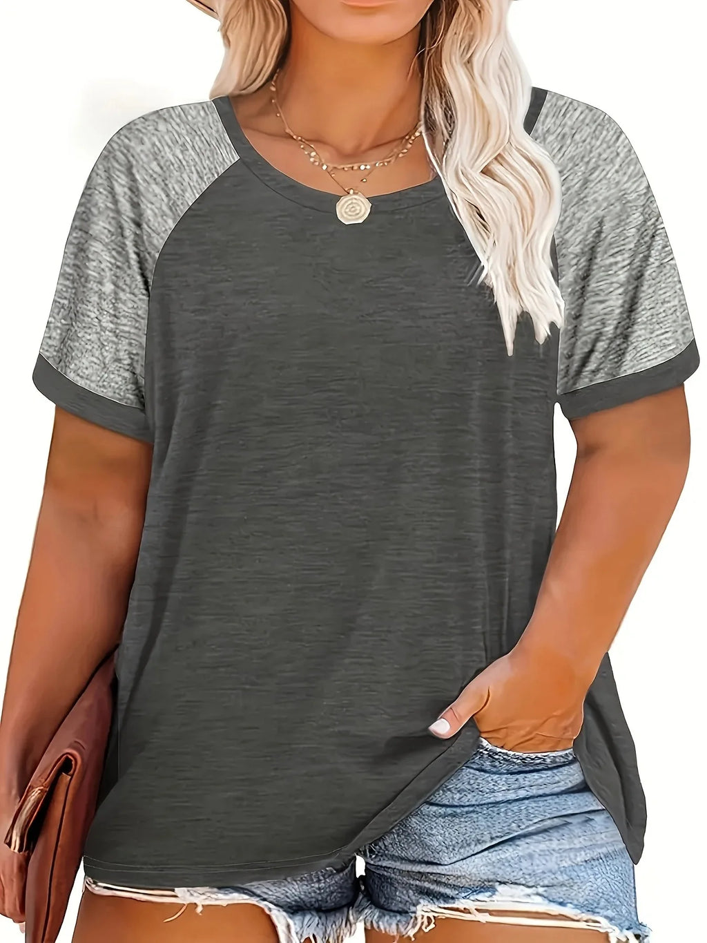 Popular women's clothing large size casual round neck color matching short-sleeved T-shirt top  Shirts Smooth Texture Shirt Soft