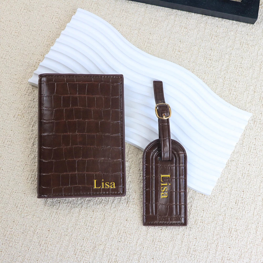 Customized Name PU Leather Crocodile Skin Pattern Luggage Tag + Passport Holder Set for Luggage Bag Accessories