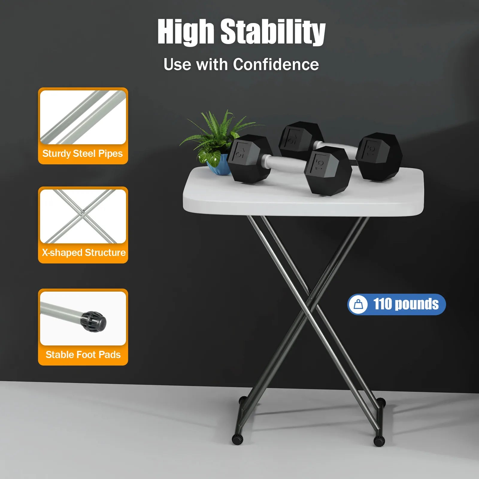 Triangular Stable Structure Foldable Lift Table, Backyard Party Beach Fishing Use, Lightweight Anti-slip Feet Rounded Corner Collapsible Table for Outdoor Enthusiasts