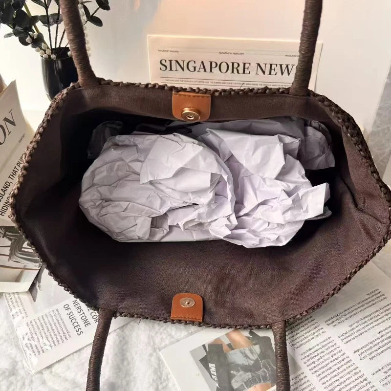 Summer French Elegant  Raffia Straw Tote Bag Women Large Capacity Minimal Shoulder Bag Magnetic Buckle Beach Shopping Handbag