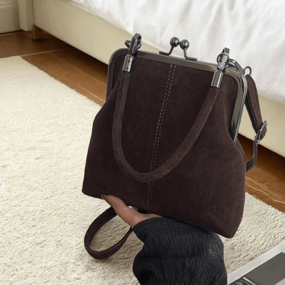 Large Capacity Retro Frosted Handbag PU Short Handle Leather Crossbody Bag Clip Closure Kiss Lock Clutch Shoulder Bag Shopping