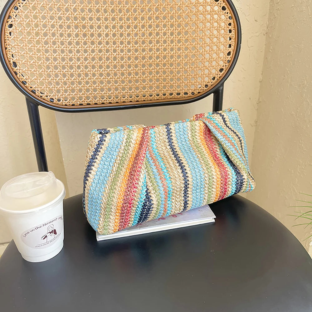 Colorful Striped Woven Clutch Bag for Ladies Summer Beach Vacation Casual Rectangle Handbags Versatile All-Match Phone Bags