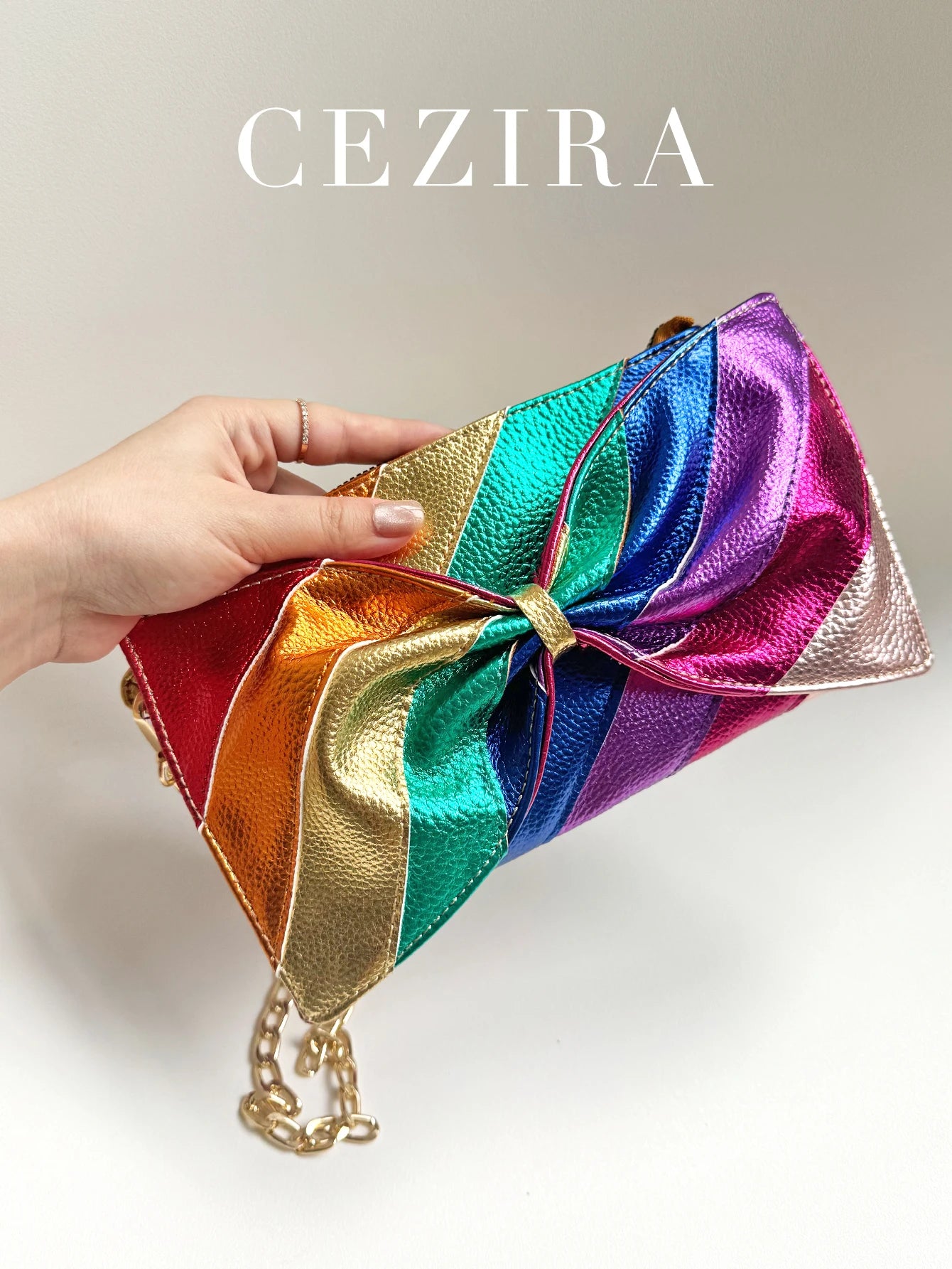 Luxury Metallic Vegan Leather Handbag Colorful Stripes Patchwork Sweet PU Bow knot Clutch Metal Chain Crossbody Bag Funky Y2K