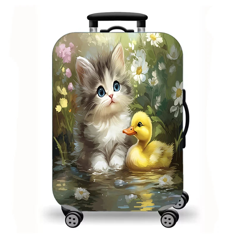 Luggage Cover, Cute Fluffy Kitten Cat Floral Duck Print Stretch Suitcase Protector, Washable Anti-Scratch Travel Baggage Cover