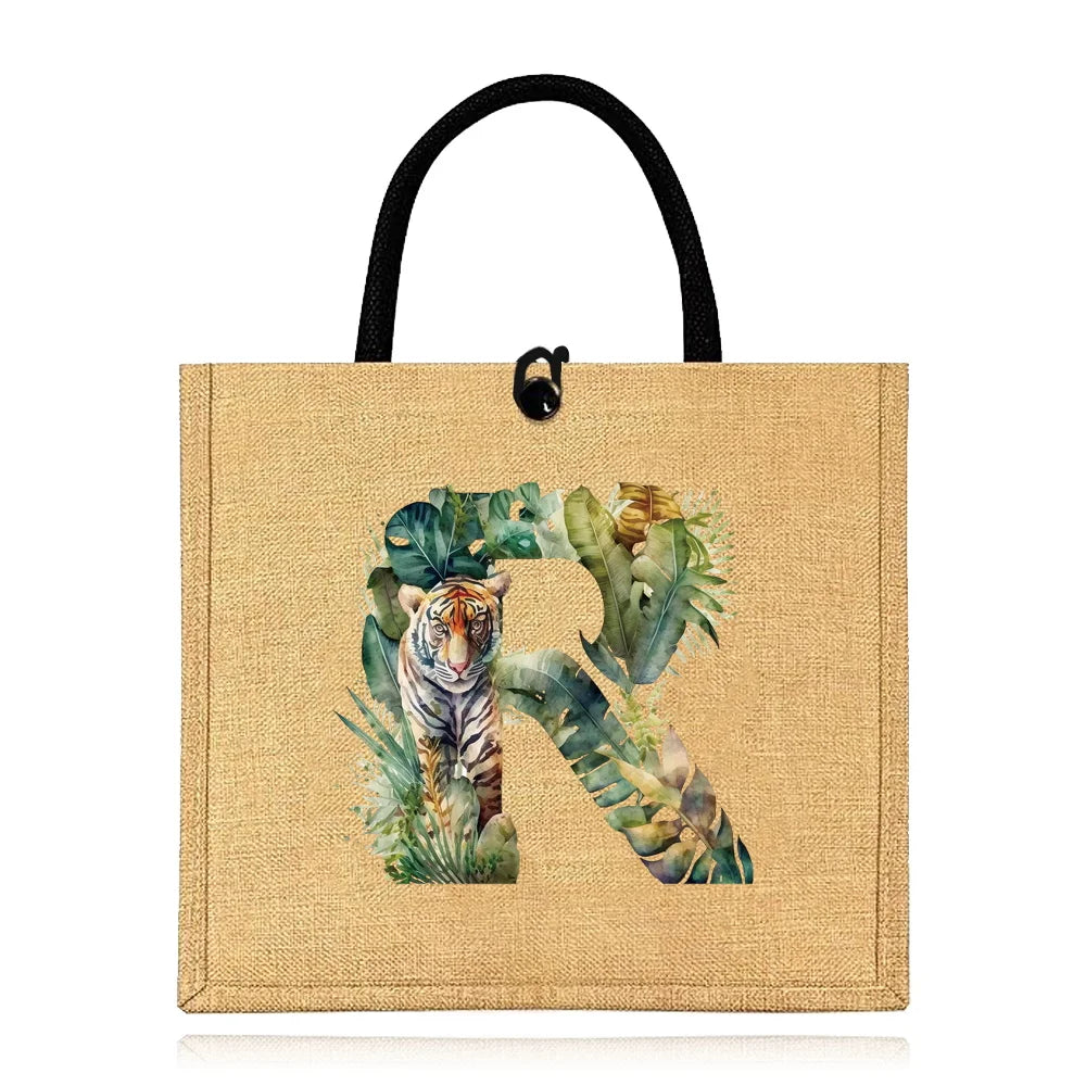 Flax Bag Fastener Handbag Organizer Storage Jute Tote Bags Imitation Cotton Women Valise Portable Jungle Tiger Printing Series