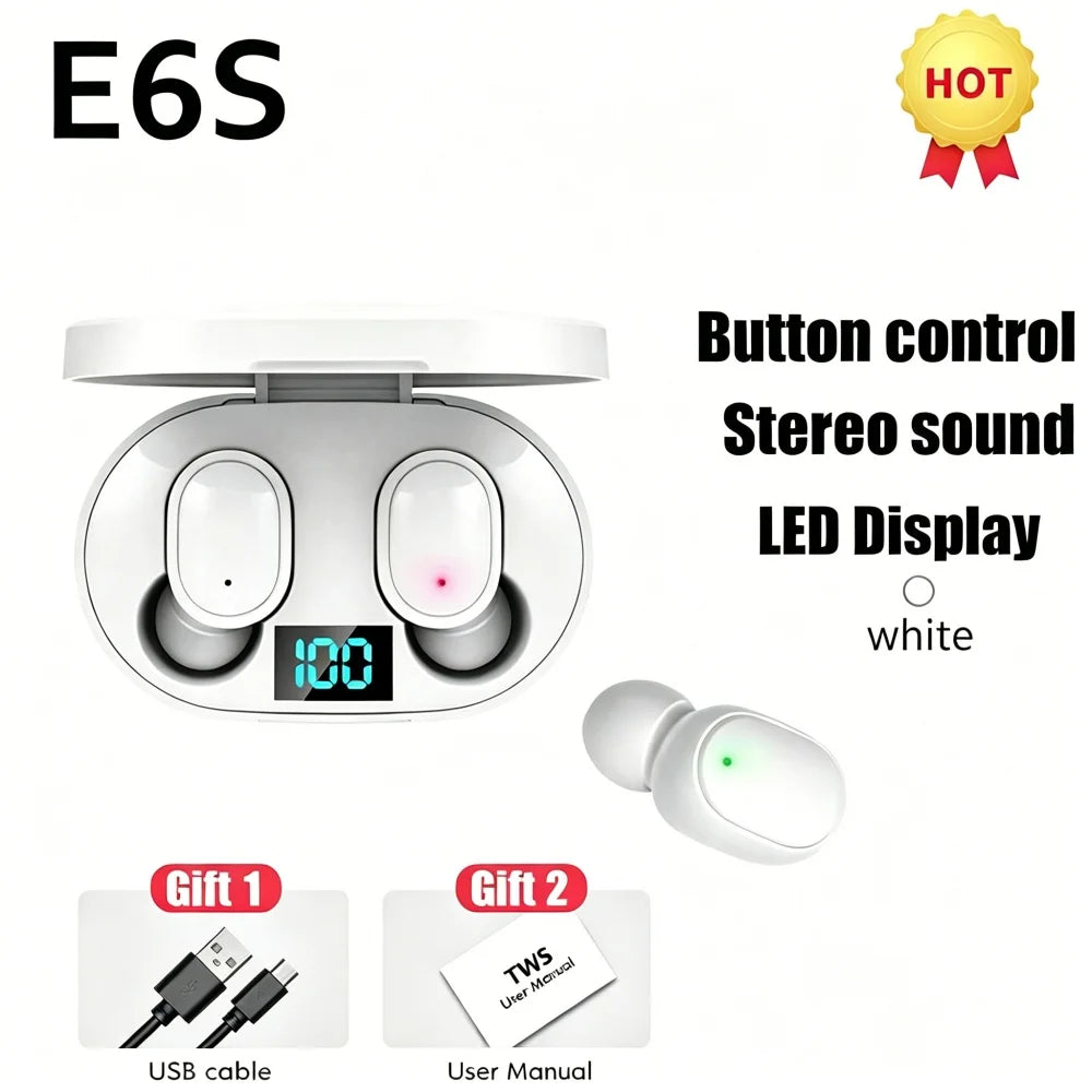 Wireless Earbuds Waterproof Bluetooth Earphones LED Dispay Box TWS E6S Stereo Sports Earbuds Handfree Headphones for Smartphone