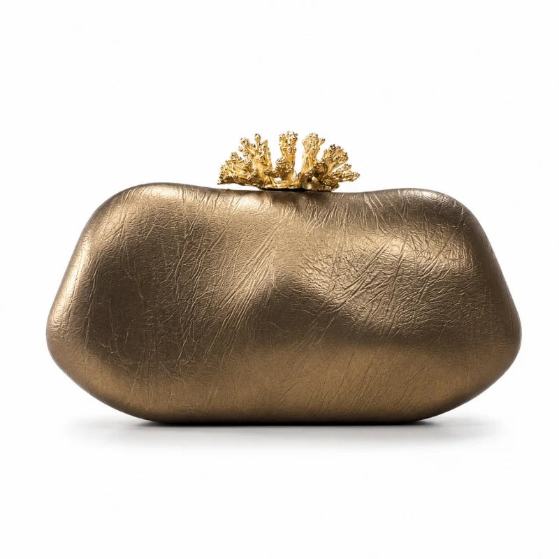 Metallic Bronze PU Leather Clutch Bag Women Metal Frame Evening Handbag Elegant Formal Wedding Party Cocktail Prom Box Purse