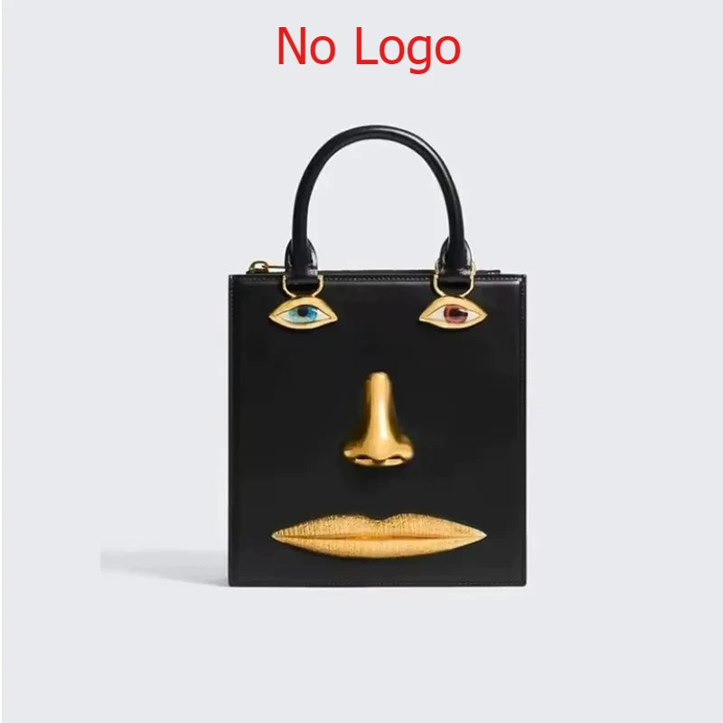 Face Bag Women High Quality Black Leather Luxury Brands Handbag Jewelry Eyes Gold-tone Metal Shoulder Strap Crossbody Bags