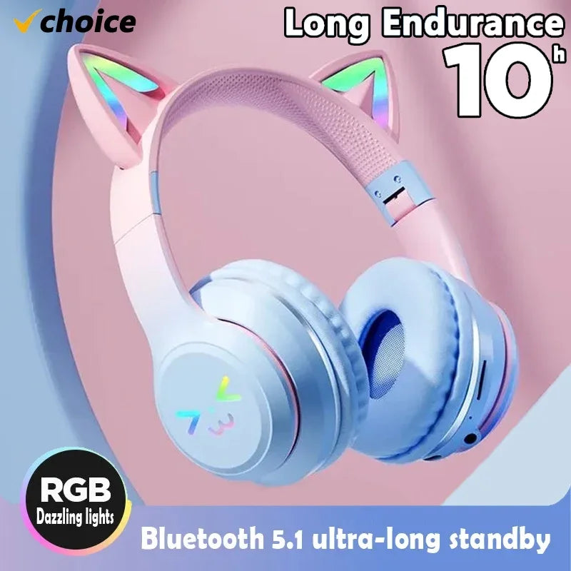 Pink Cat Ears TWS Earphone RGB Smile Face Gradient Headset Cute Gift For Little Girls Compatible With Any Smartphone
