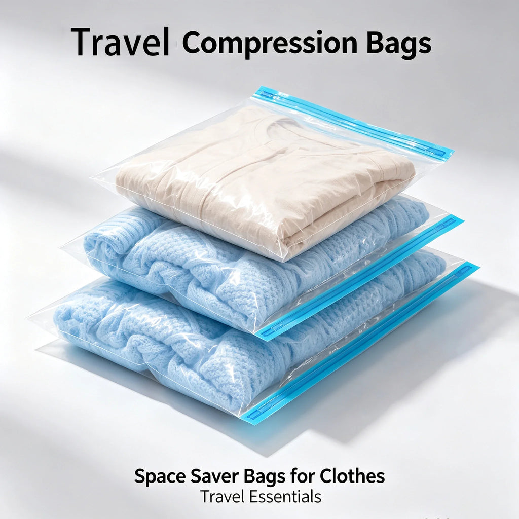 Vacuum Compression Storage Bags Travel Space Saver Hand Roll No Pump Reusable, Waterproof Double Zipper Clothes Organizer 3Sizes
