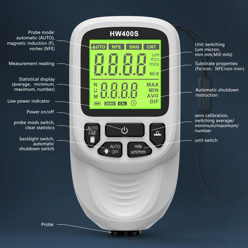 New HW400S Car Paint Film Tester Coating Thickness Gauge Car’s Original Coating Auto Car Paint Meter0-2000um Fe and NFe Probe
