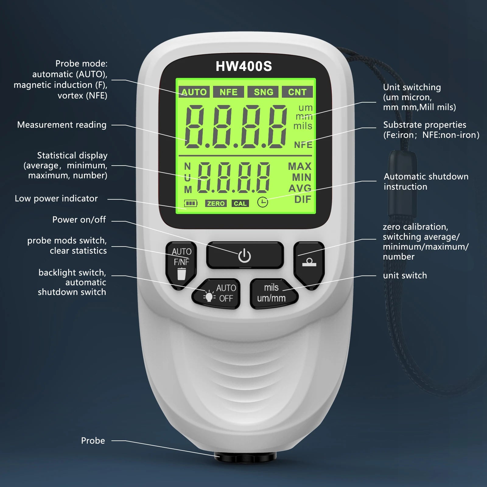 New HW400S Car Paint Film Tester Coating Thickness Gauge Car’s Original Coating Auto Car Paint Meter0-2000um Fe and NFe Probe