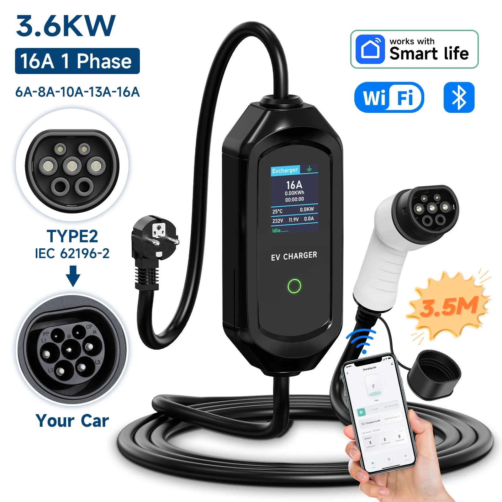 AFYEEV 3600W Portable Type2 IEC62196-2 EV Charger Type1 SAE J1772 Electric Car Charger GBT EVSE Charging Cable Wallbox EU Plug
