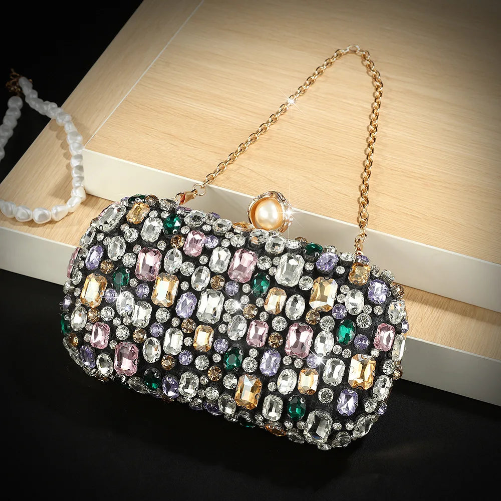 Colored sparkling gemstone creative diamond-encrusted bag banquet bridal cheongsam bag diagonal span celebrity fashion bag