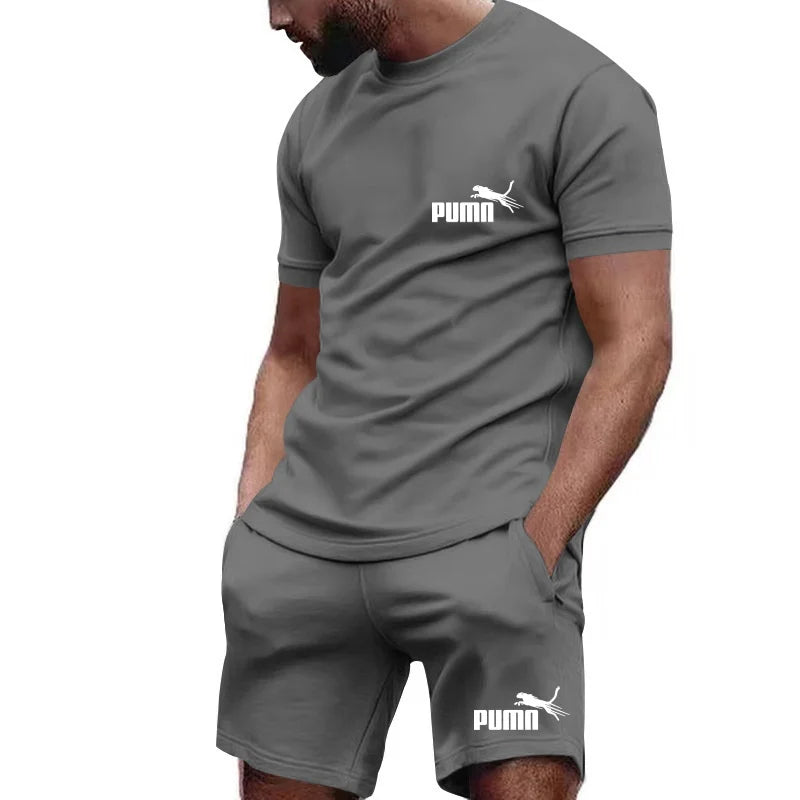 2026 new summer men's T-shirt+shorts set printed fashionable casual round neck pullover, breathable quick running sports shorts
