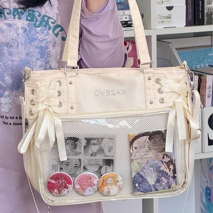 Large Capacity for Class Book Carrying Mailman Bag Girls Bow JK Shoulder Ita Bag Handbag College Style Crossbody Bag with Ribbon